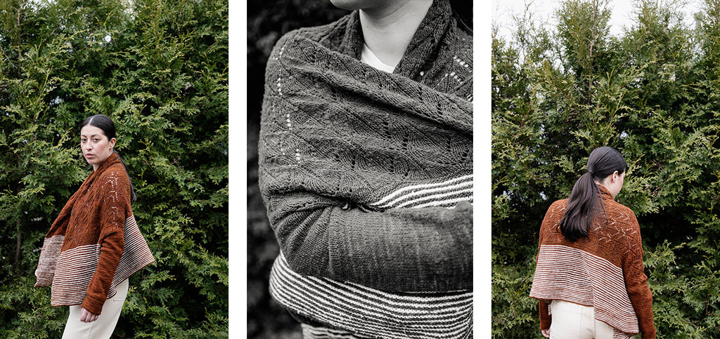 Three images of the Käpy shawl/cardigan, worn by a model.