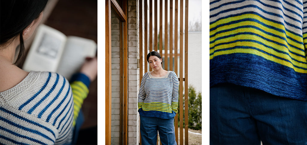 Three images of the Maija sweater, worn by a model.