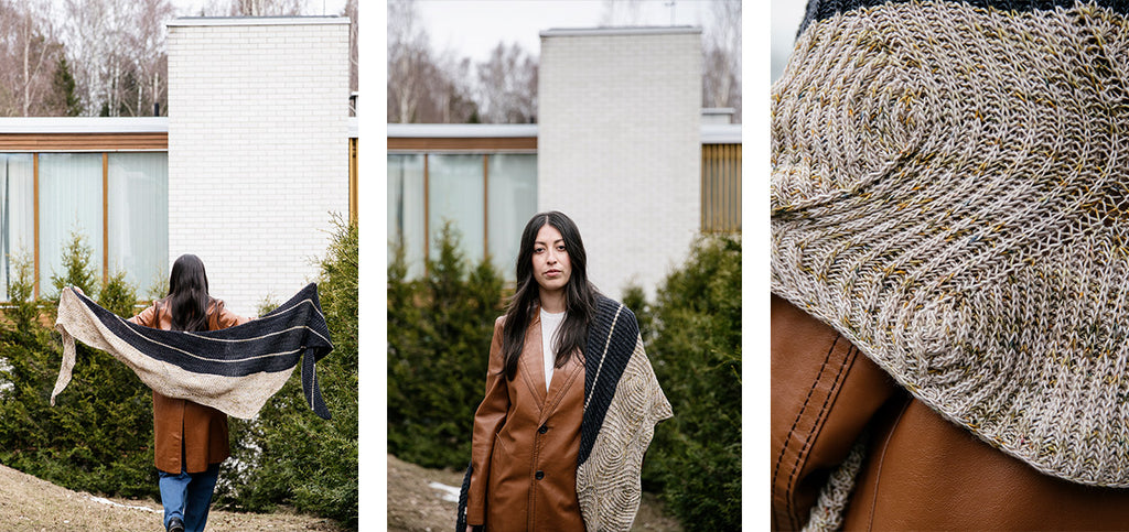 Three images of the Minna shawl, worn by a model.