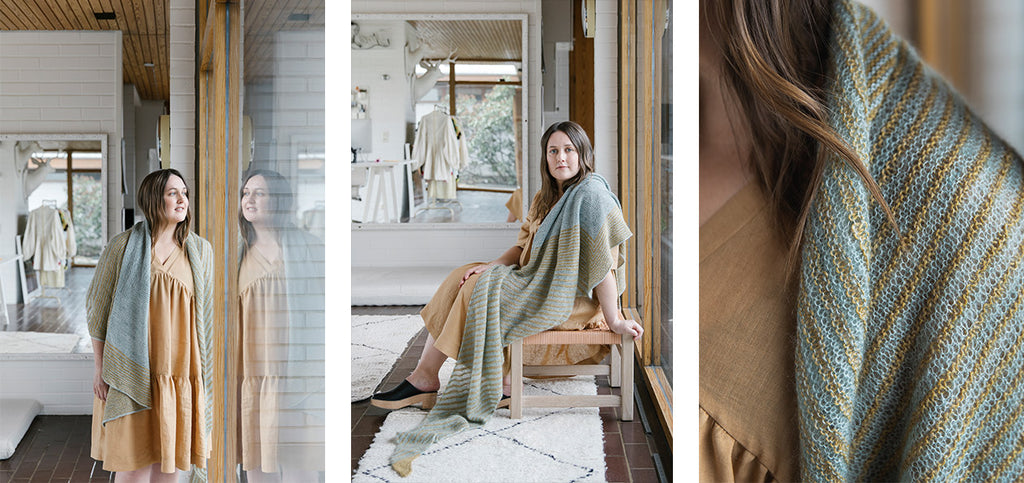 Three images of the Tyven shawl, worn by Veera.