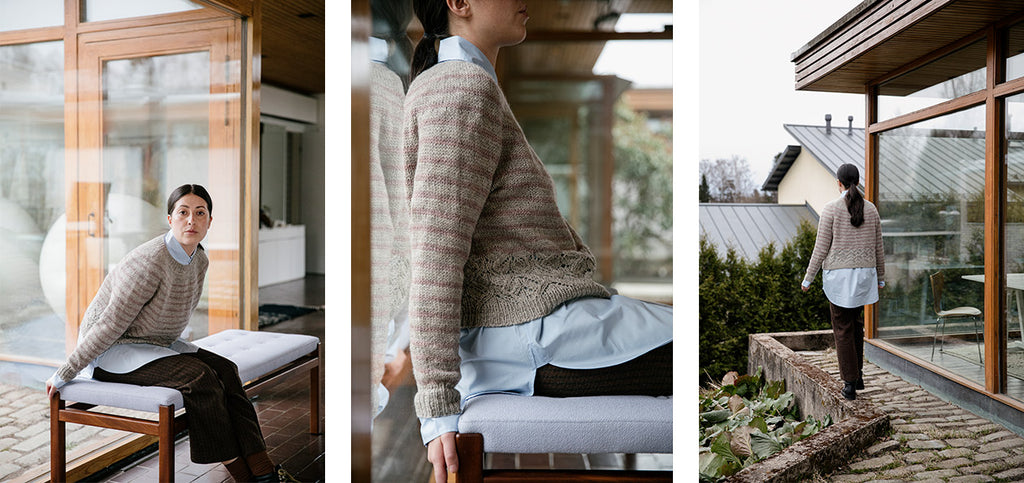 Three images of the Venny sweater, worn by a model.