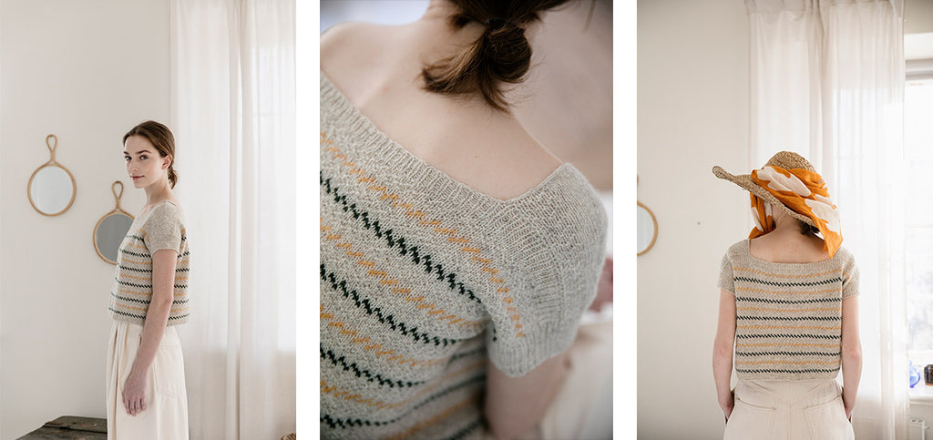 Three images of the Lito sweater and its details.