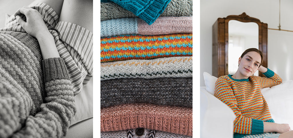 Two more images of the Funfetti sweater, and a picture of all issue 14 knitwear in a pile.