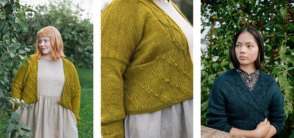 Three images of the Andrea cardigan, worn by two different sized models.