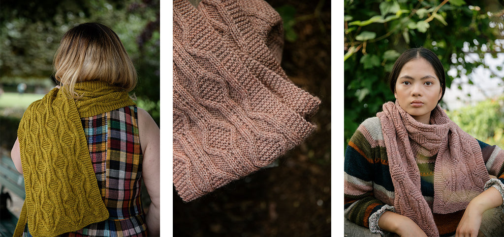Three images of the Asawa scarf, worn by Aimeé and a model.