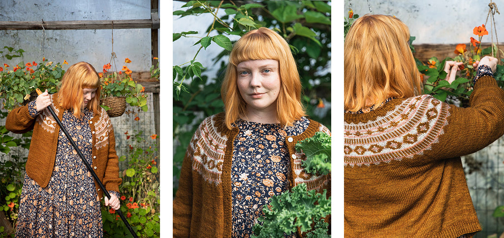 Three images of the Azucena cardigan, worn by a model.