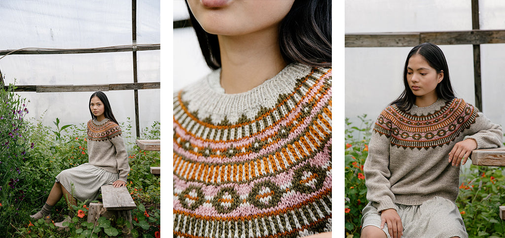 Three images of the Azucena sweater, worn by a model.