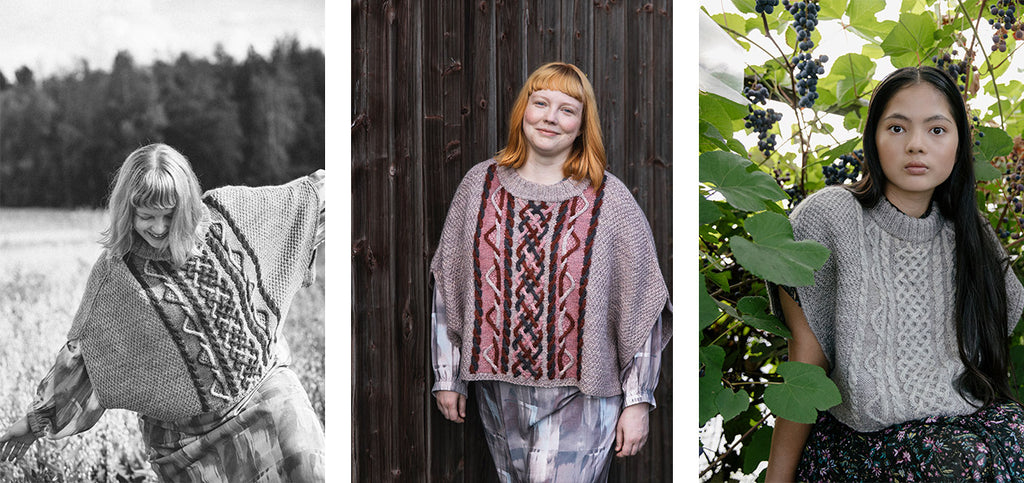 Three images of the Canal poncho, worn by two different sized models.