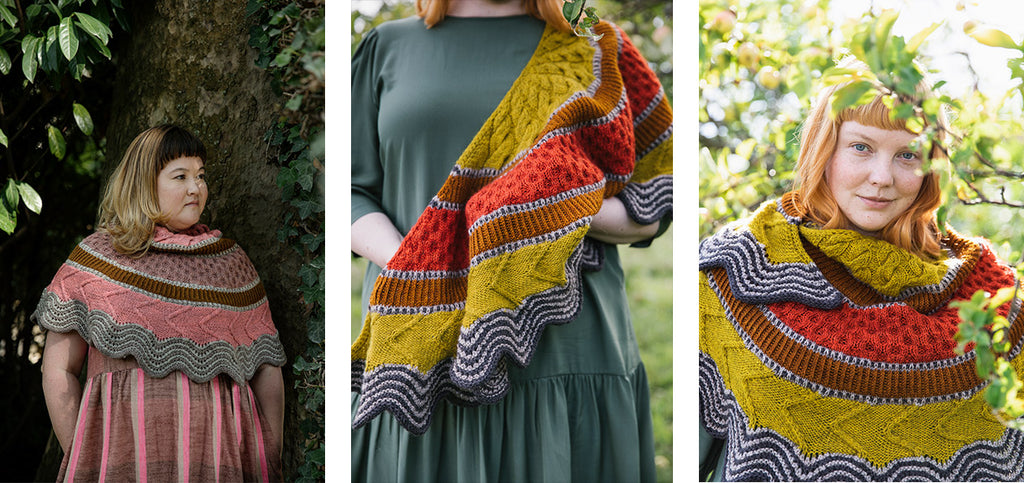 Three images of the Knitprovisation shawl, worn by Aimeé and a model.
