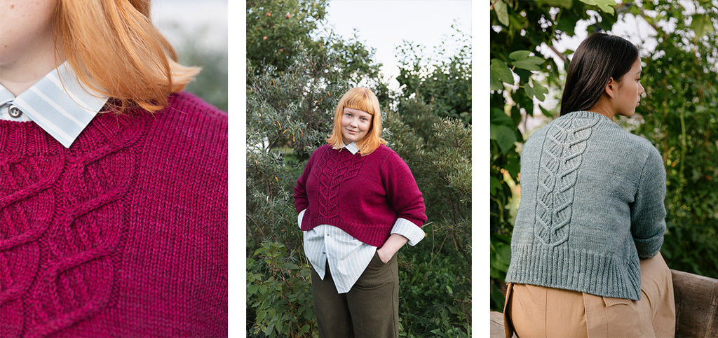 Three images of the Perennial sweater, worn by two different sized models.