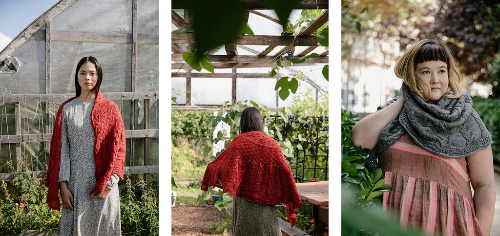 Three images of the Saraya shawl, worn by a model and Aimeé herself.