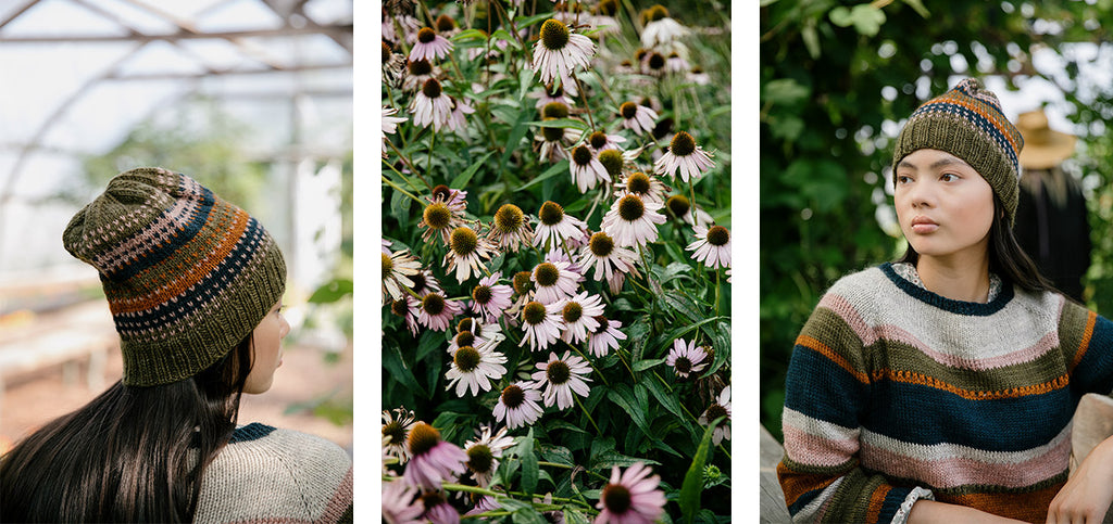 Two images of the Strata beanie on a model, and an atmospheric picture of flowers.