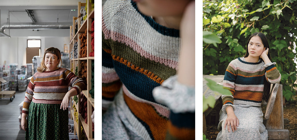 Three images of the Stratified sweater, both on Aimeé and on a model.