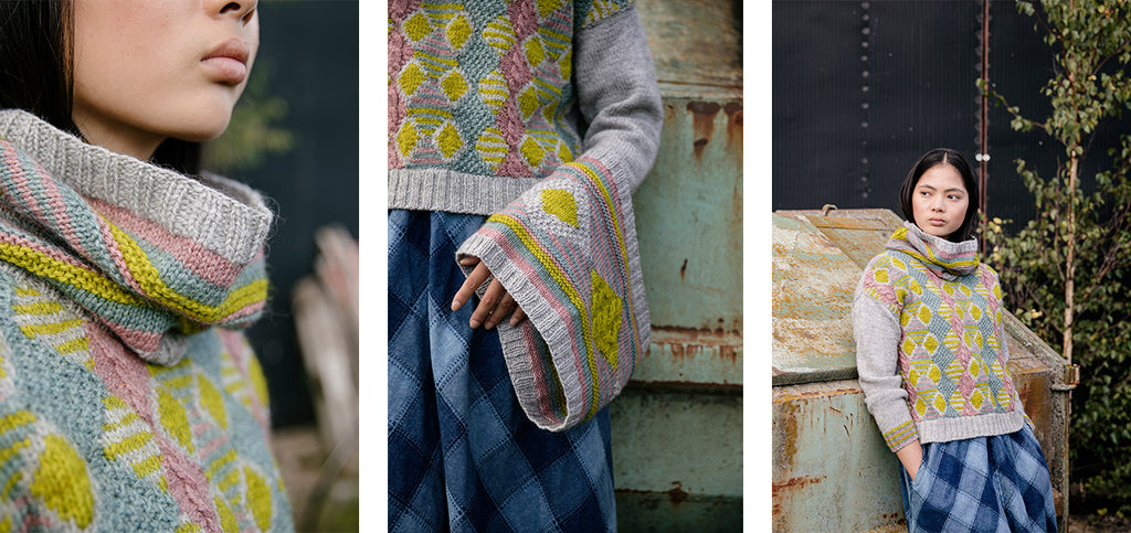 Three images of the Amina cowl, worn by a model.