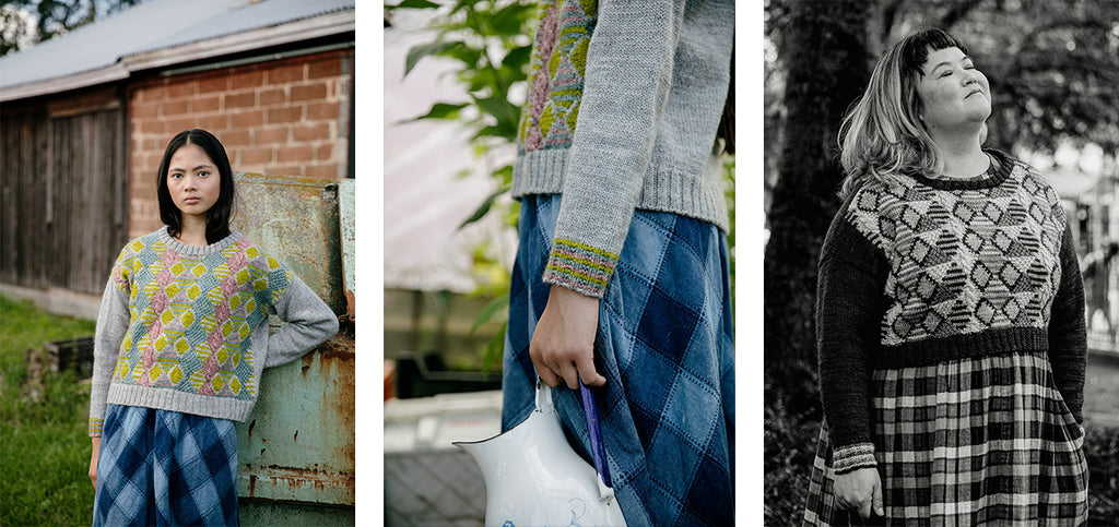 Three images of the Amina sweater, worn by a model and by Aimeé herself.