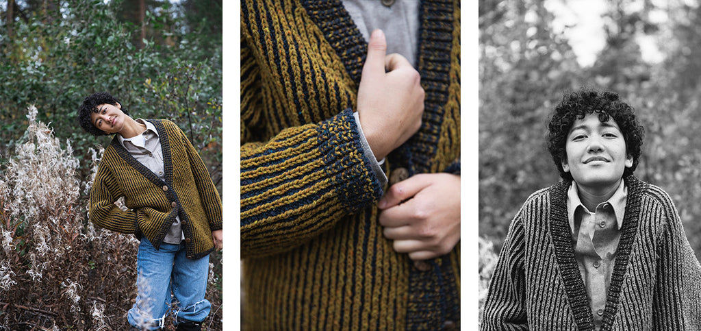 Three images of the Beloved cardigan and its details.
