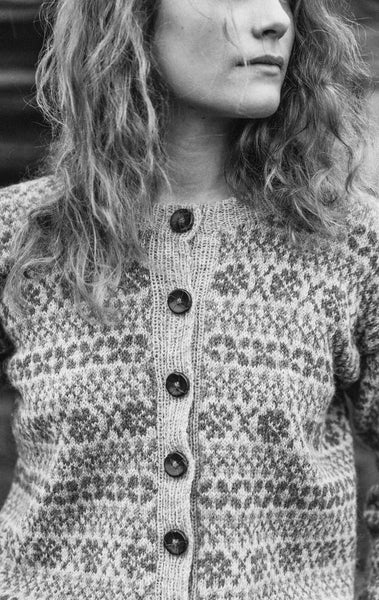 A black-and-white close-up image of the Marit cardigan.