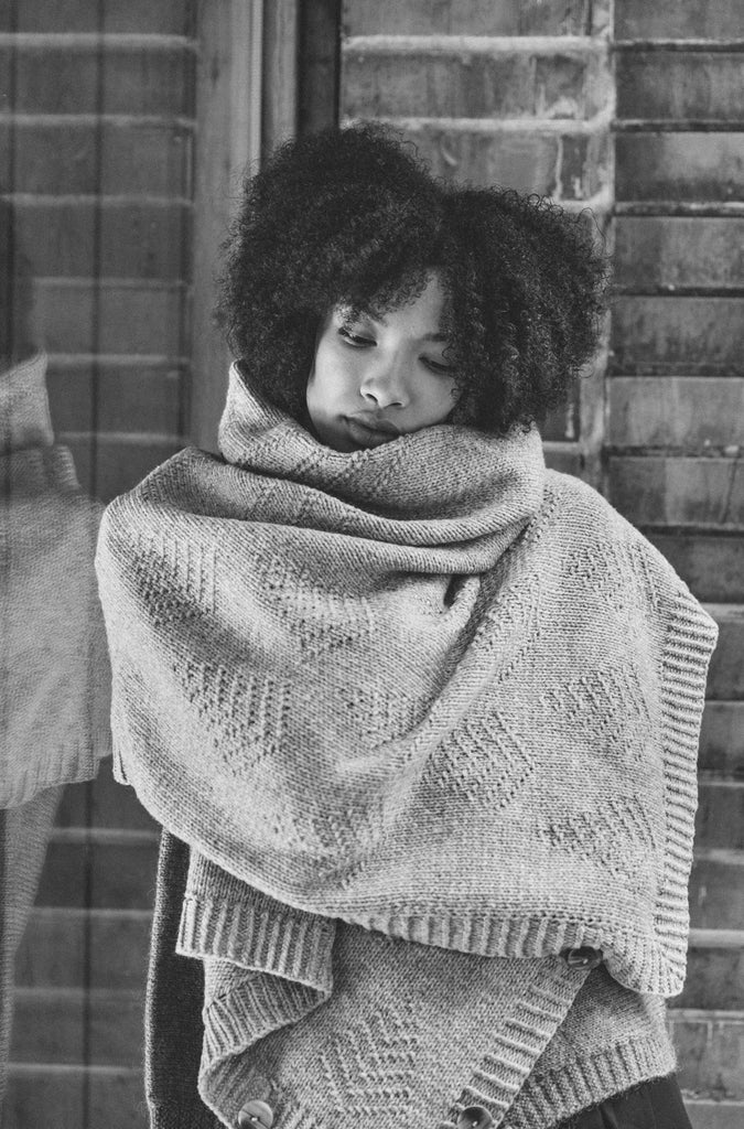 A black-and-white picture of a model all wrapped up in the Pasvik wrap.