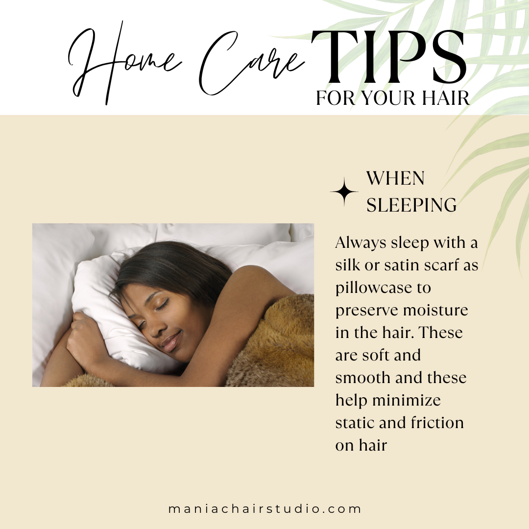 A woman sleeping using a silk or satin pillowcase as part of caring for her hair extension while at home.