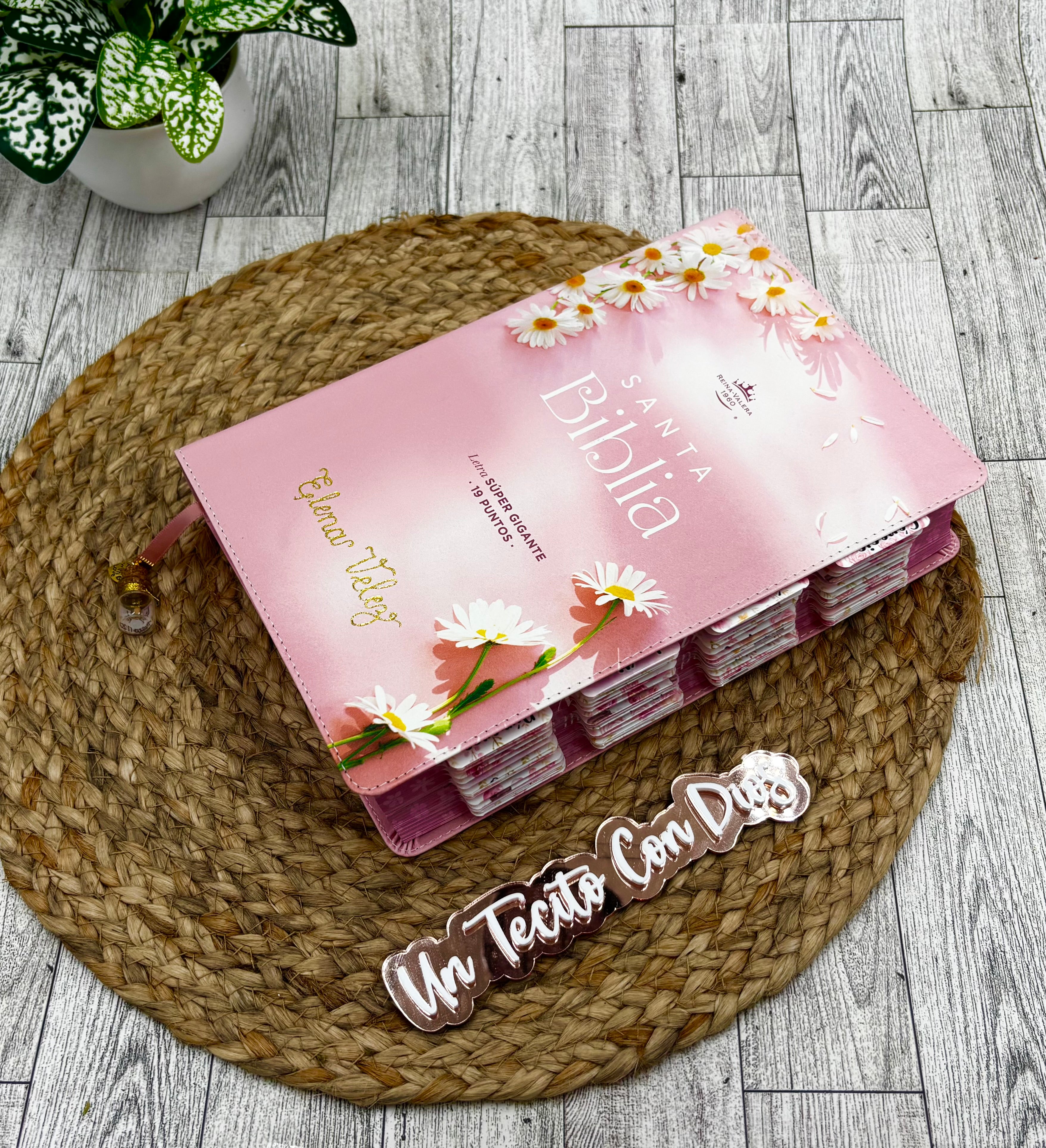 BIBLIA LETRA SUPERGIGANTE 19 PUNTOS ROSADA CON MARGARITAS CON ETIQUETAS