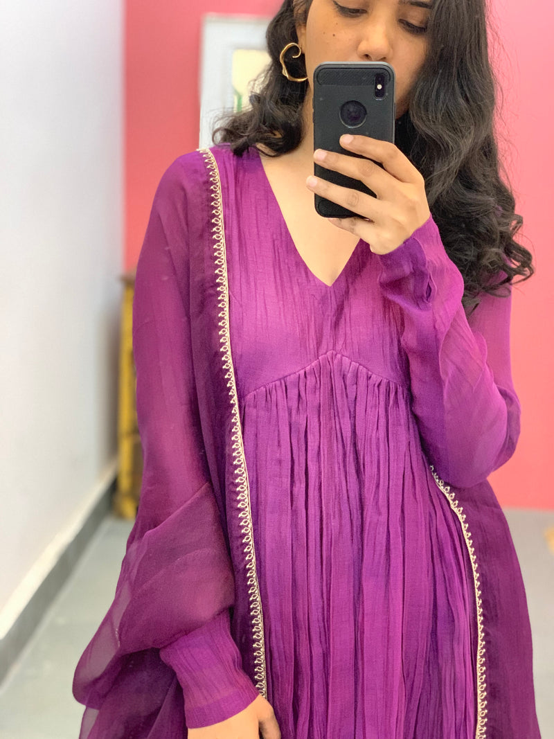 Purple pink anarkali with embroidered dupatta set of 3 – Hasli India