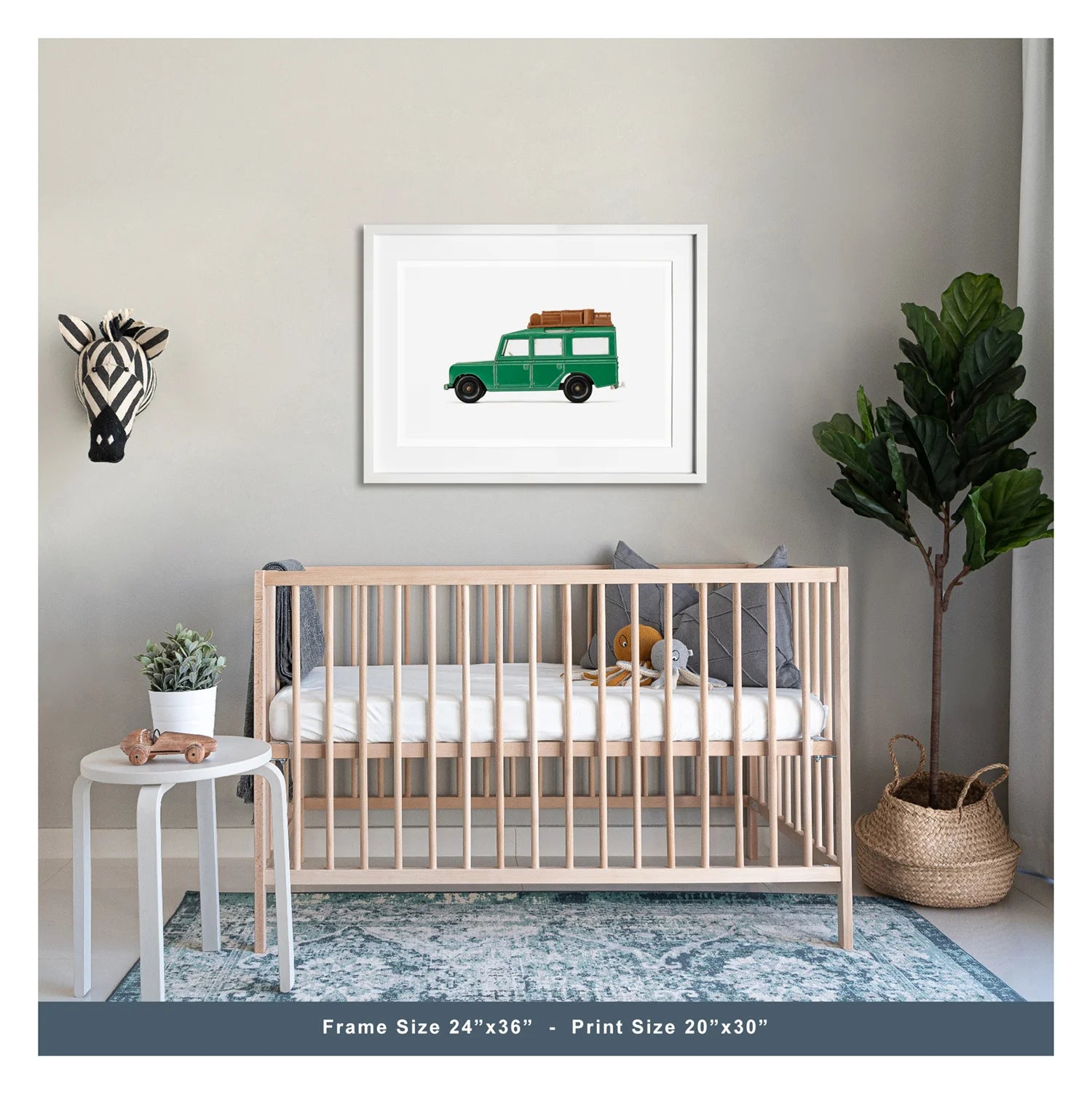 Guide for car art prints above a crib, showing framed print sizes and placement. Helps achieve a balanced, eye-catching display in a nursery.