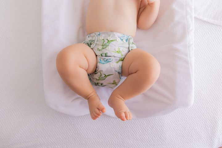 Baby wearing dinosaur modern cloth nappy