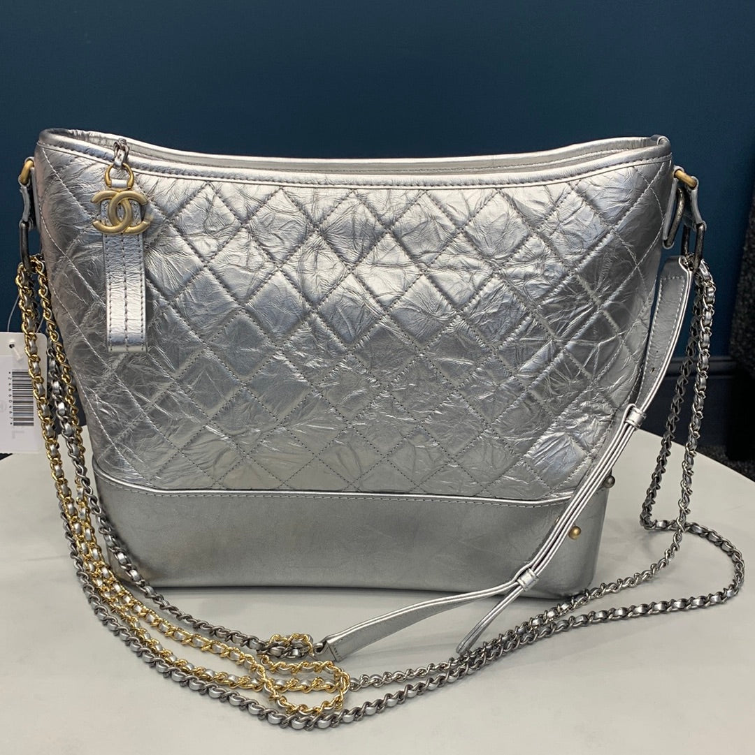 Silver Metallic Quilted Aged Calfskin Small Gabrielle Hobo Bag