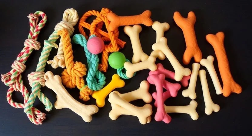 An assortment of chew toys including ropes