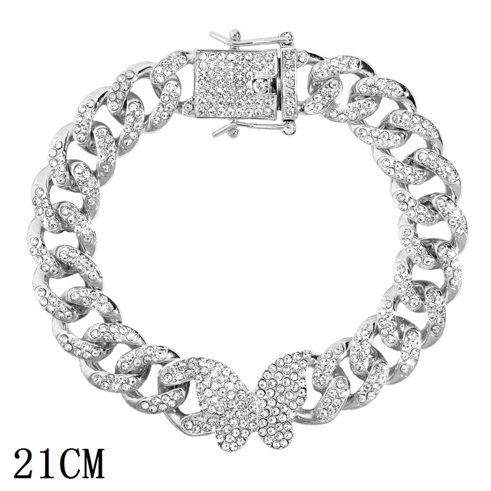 New Fashion Luxury 12mm Iced Out Cuban Link Chain Bracelet for Women Men Gold Silver Color Bling Rhinestone Bracelet Jewelry