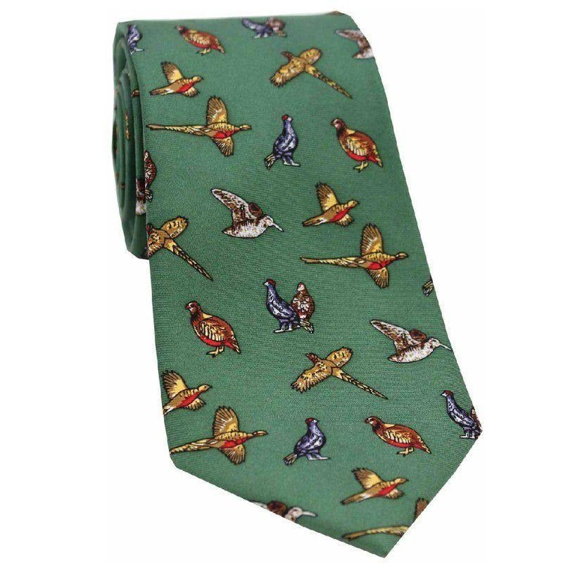 William Powell Country Silk Tie - Green Gamebirds