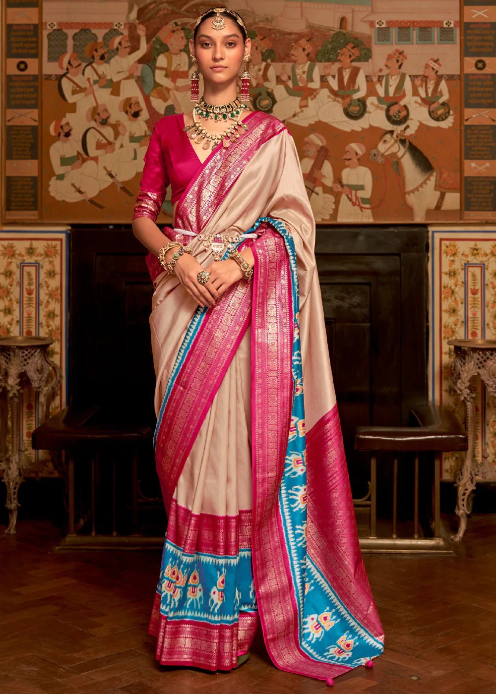 Beige and Pink Woven Patola Silk Saree by PreeSmA