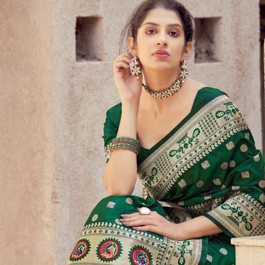 Designer Woven Paithani Saree with Peacock Design in Green Color by PreeSmA