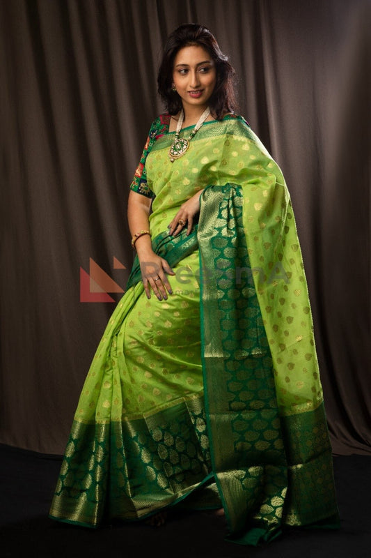 Lime Green Cotton Silk Saree by PreeSmA
