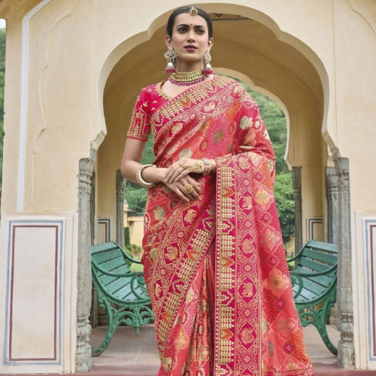 Royal Pink Heavy Bridal Lehenga in Banarasi Silk - PreeSmA