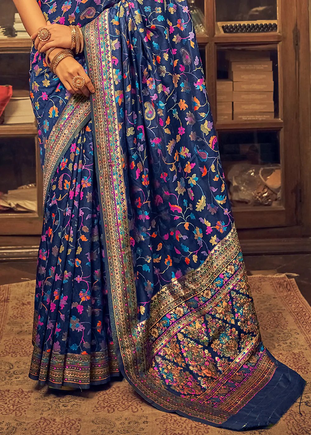 Princess Blue Floral Woven Kashmiri Jamewar Kani Silk Saree by PreeSmA
