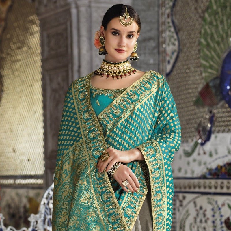 Silk Jacquard Weaving Embroidered Sangeet Wear Designer Saree In Aqua Green by PreeSmA
