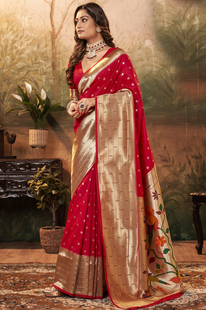 Traditional Paithani Silk Saree in Bridal Red Color - PreeSmA