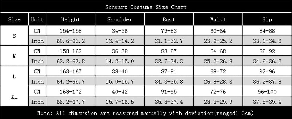 Schwarz costume size chart