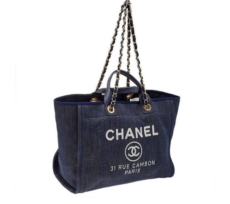 Chanel Maxi Shopping Bag denim  goldtone metal dark blue  white  Nice  Bag