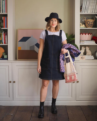 Emma Paton in Thought Denimkind Ethical Denim Pinafore Dress