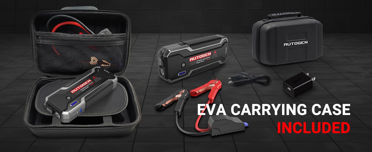 EVA carrying case included: jump starter x 1, Intelligent jumper cable x 1, Quick charge cable x 1, Quick charge AC adaptor x 1, Tool Case x 1, User Manual x 1.