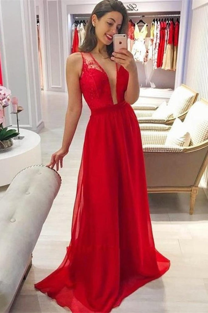 Comprar en V profundo, bastante rojo, gasa de encaje largo con encanto vestidos de baile en línea – 2016Vestido