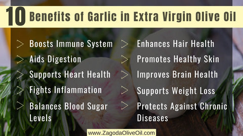 10 Benefits of Garlic in Extra Virgin Olive Oil: Close-up of garlic cloves immersed in a bottle of Extra Virgin Olive Oil, highlighting the numerous health advantages including immune support, heart health, and culinary enhancement.
