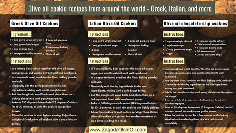 Image featuring two sets of olive oil cookies on a baking sheet, accompanied by ingredients and utensils, representing olive oil cookies baking recipes.