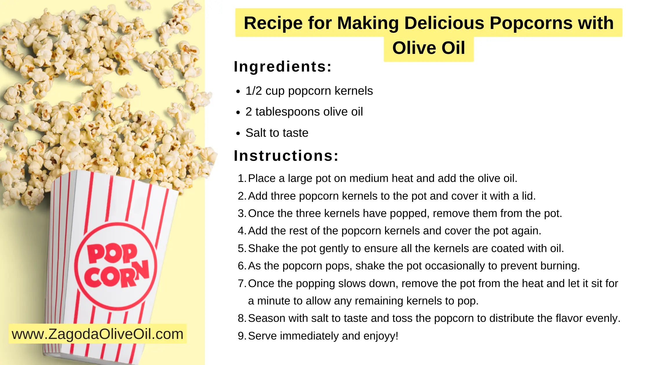 Visual guide to preparing popcorn with olive oil, a simple and delicious snack recipe for all occasions.