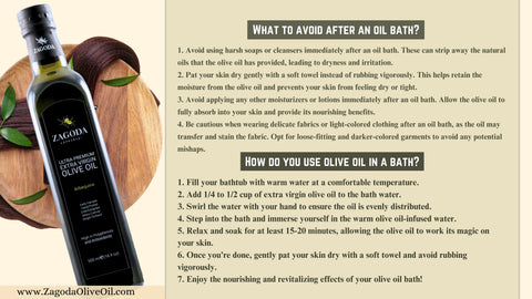 This image tells us all about what to avoid after an extra virgin olive oil bath and complete guide that how do you use the extra virgin olive oil in the bath,zagodaoliveoil.com