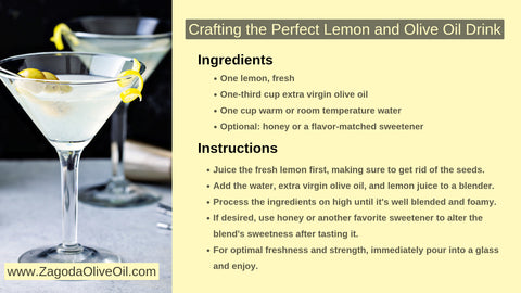 Refreshing lemon olive oil drink in a clear glass, garnished with a lemon slice and fresh mint.