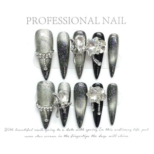 10pc detachable stiletto almond dark cool y2k press on nails ballet Black chain handmade full cover fake nail with glue Nail Art - Lourdasprec