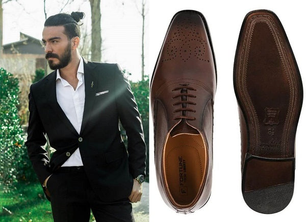 Dark Brown Derby Shoes with a Black Suit